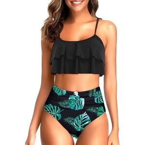 NEW Ruffle Flounce High Waist Two Piece Tempt Me Swimsuit Black Tropical Print L